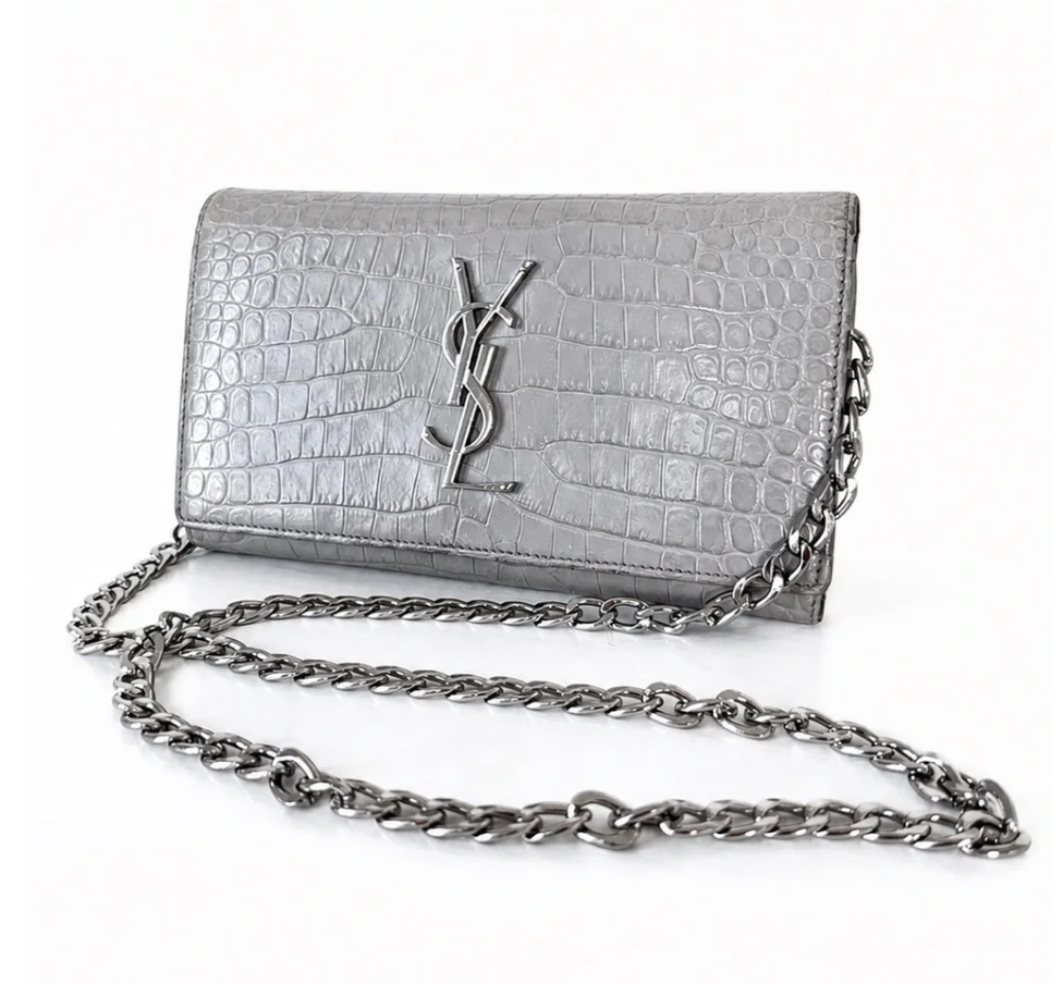 Crocodile-Embossed Flap Wallet + Chain
