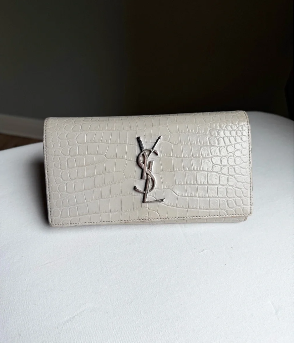 Crocodile-Embossed Flap Wallet + Chain