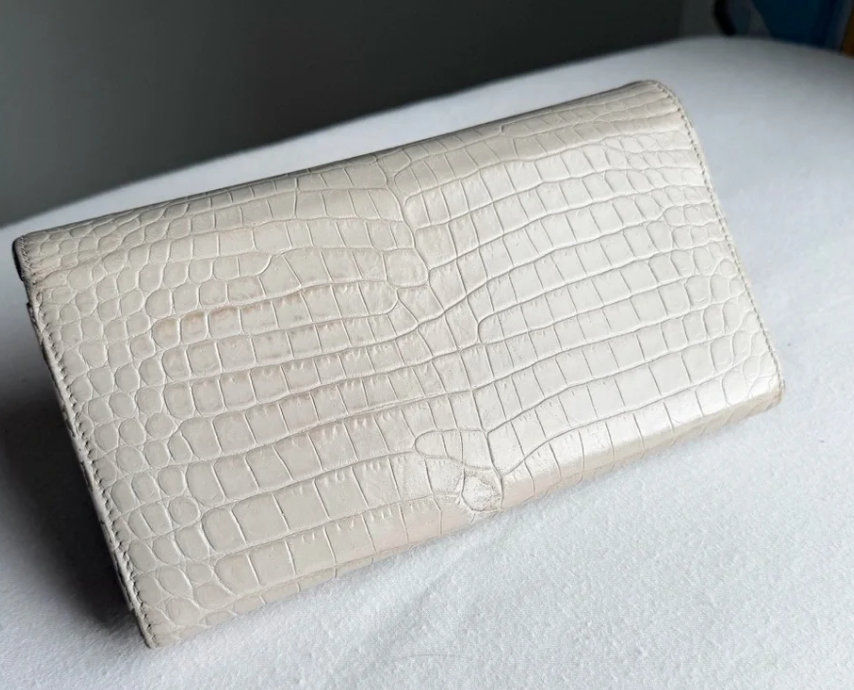 Crocodile-Embossed Flap Wallet + Chain